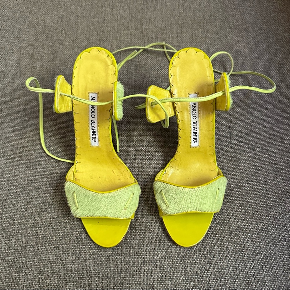 Vintage Manolo Blahnik pony hair & patent leather strappy heels